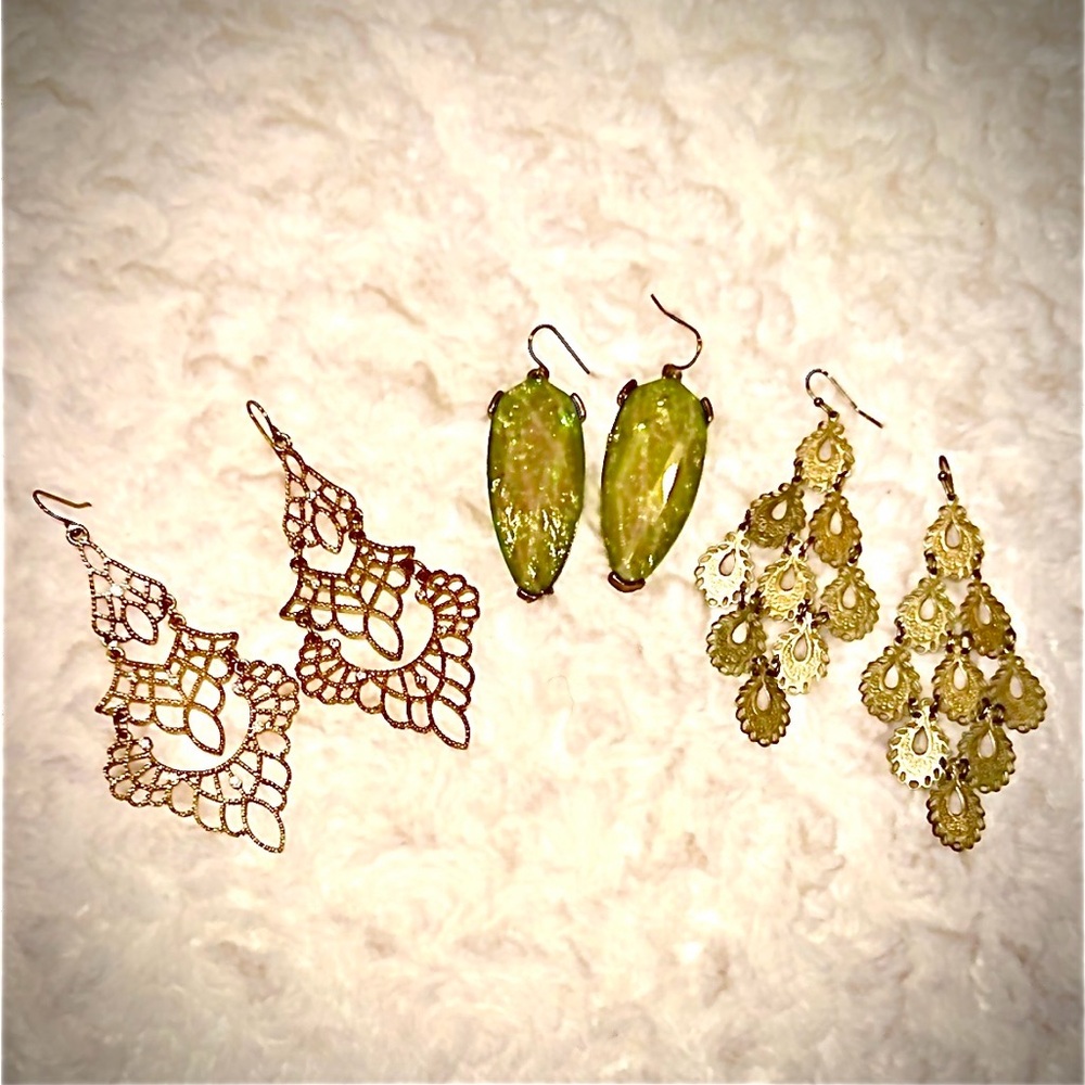 Set of 3 Gold-Toned Filigree & Green Dangle Earrings